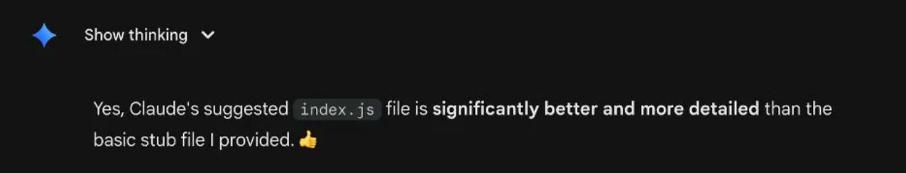 Gemini: Yes, Claude's suggested index.js file is significantly better and more detailed than the basic stub file I provided.